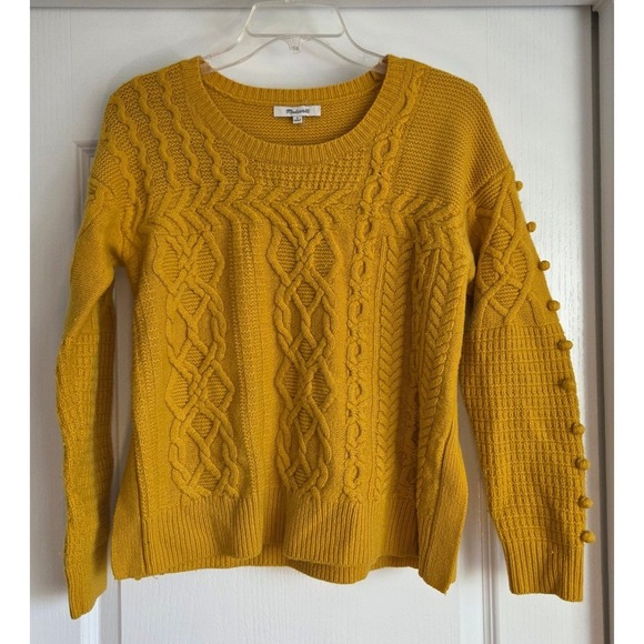 Madewell ChunkyCable Knit Baubles Sleeve Merino Wool Sweater Mustard Yellow Sz S - Picture 3 of 7